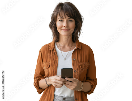 Miiddle ages woman holding a mobile phone isolated on white photo