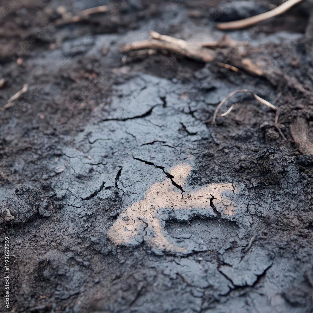 Animal tracks imprinted in ashen soil, wildfire aftermath, traces of evacuation Animal tracks imprinted in ashen soil, wildfire aftermath, traces of evacuation