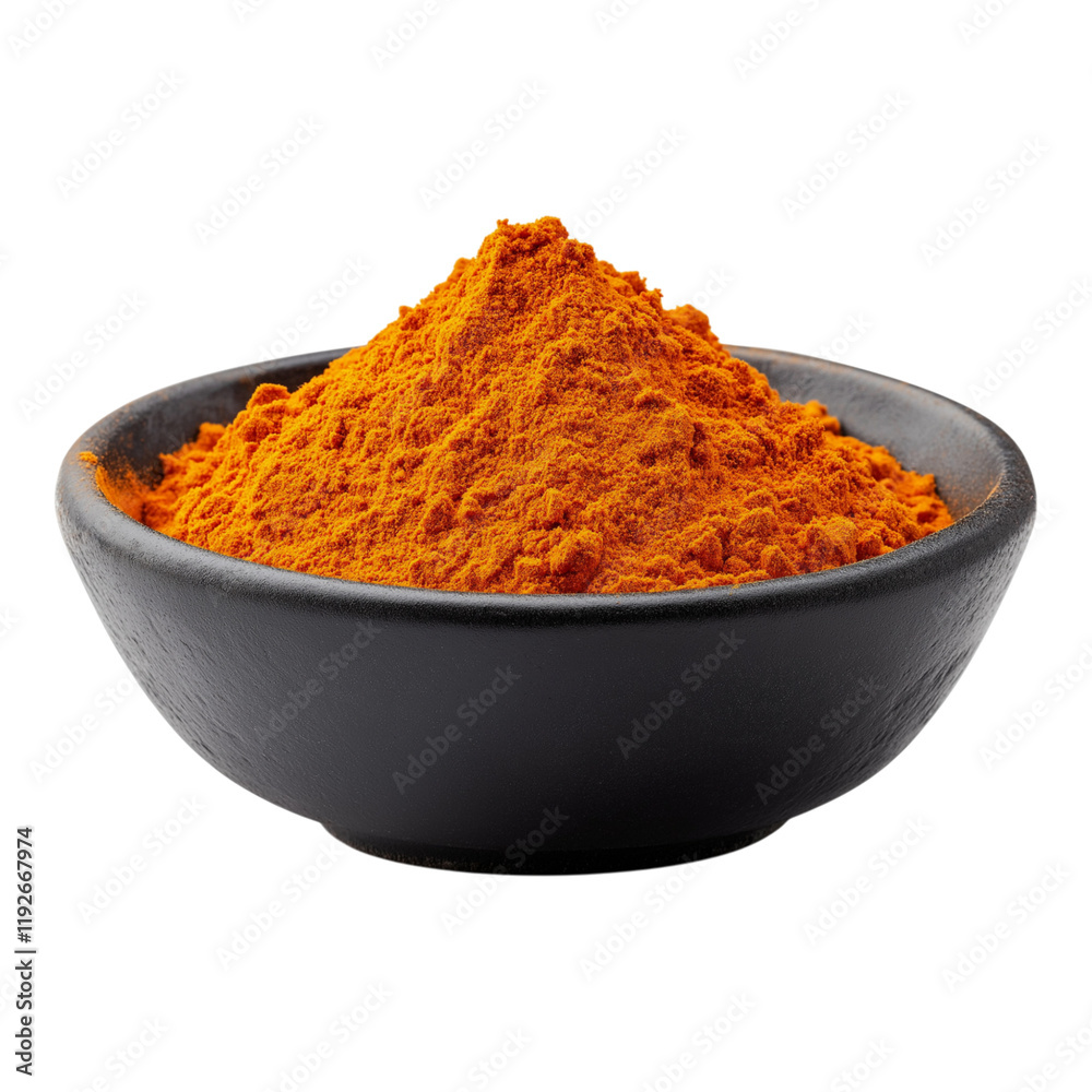 Orange powder in a black bowl isolated on a white background Orange powder in a black bowl isolated on a white background