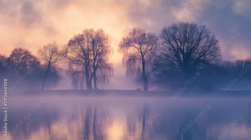 Misty Sunrise Over Silhouetted Winter Trees Misty Sunrise Over Silhouetted Winter Trees