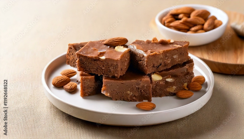 nutty fudge and almonds food on white plate, background on dining table, copy space nutty fudge and almonds food on white plate, background on dining table, copy space