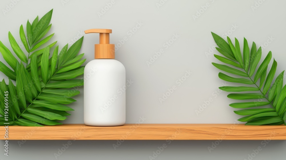 Minimalist Product Display with Green Leaves and White Bottle