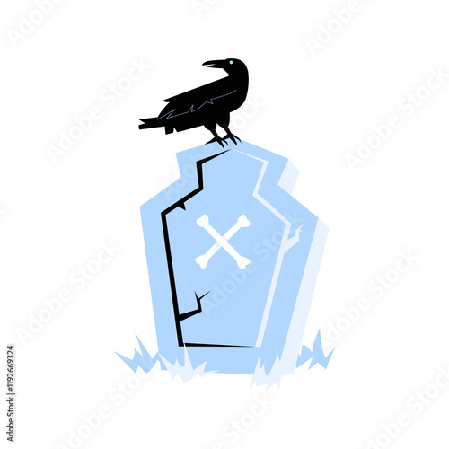 Gravestone With Cross And Crow In Flat Vector Illustration Symbolizing Death, Mourning, And Halloween Spirit, Isolated On White Background
