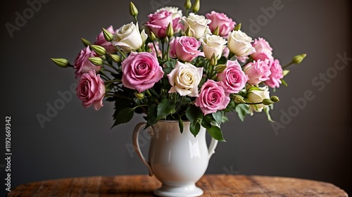 Wallpaper Mural A stunning arrangement of pink and white roses sits in a white vase on a rustic wooden table Torontodigital.ca