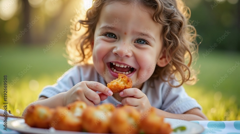 Young child enjoys tasty snacks while sitting on grass at sunset in a park Young child enjoys tasty snacks while sitting on grass at sunset in a park