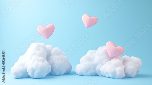 Pink hearts floating above fluffy white clouds