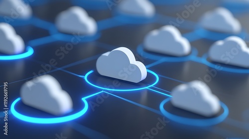White 3D Cloud Icons Connected with Neon Blue Network Lines on a Dark Background Symbolizing Cloud Computing