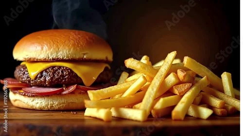 A delicious cheeseburger, still steaming from the grill, is served with a generous portion of crispy golden french fries on a dark wooden table. A perfect pairing of a tasty burger and fries.