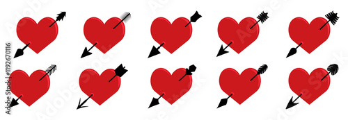 Set of red pierced heart icons for Valentine Day