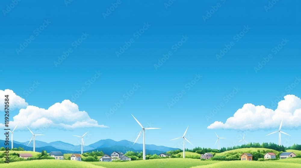 Obraz premium Scenic rural landscape with wind turbines and blue sky background