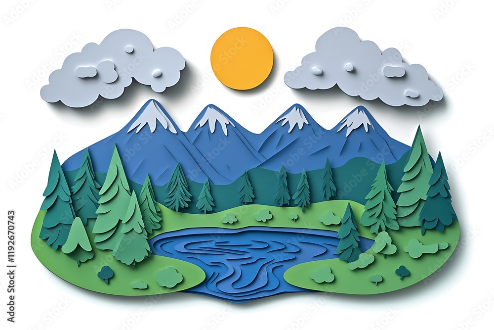 Obraz premium Colorful paper cut landscape with mountains, lake, and forest