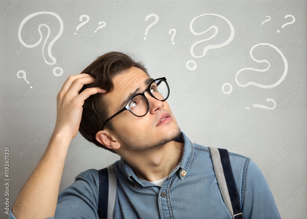 Young Man Wearing Glasses Scratching Head, Trying to Find Solution Young Man Wearing Glasses Scratching Head, Trying to Find Solution