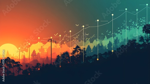 A conceptual image of a graph showing the reduction of carbon emissions over time, with green energy sources like solar and wind marked as key factors in achieving net-zero carbon impact. 