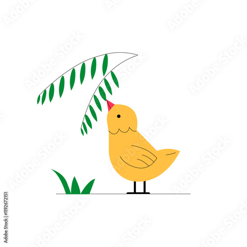 Yellow Chick Under Leaf In Flat Vector Illustration Symbolizing Nature, Poultry, And Rural Farm Life, Isolated On White Background.