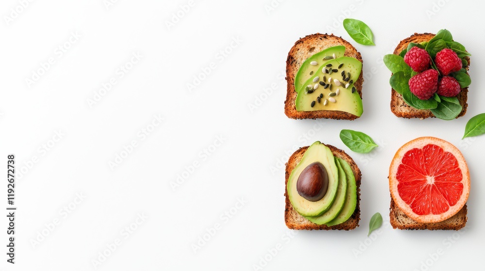Colorful and Healthy Open-Faced Sandwiches with Fresh Ingredients Colorful and Healthy Open-Faced Sandwiches with Fresh Ingredients