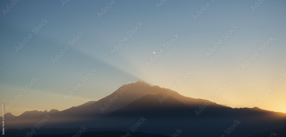 Majestic mountain at sunrise with soft rays Majestic mountain at sunrise with soft rays