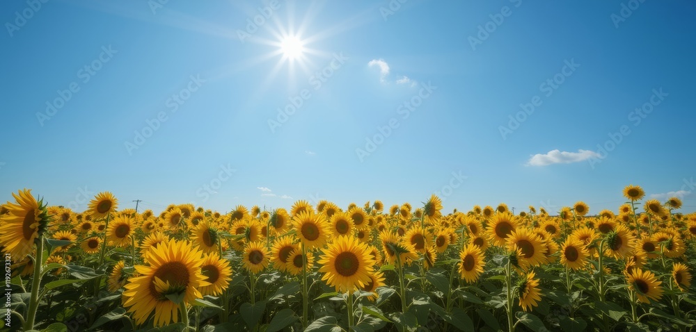 Fototapeta premium Vibrant sunflower field under bright summer sky