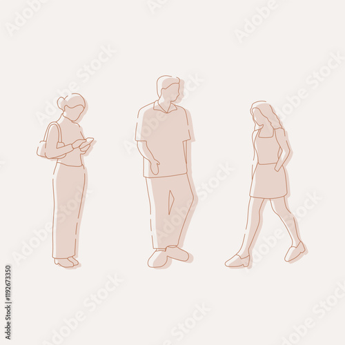 flat minimal people male and female vector illustration in spring summer clothing concept isolated set collection. Outline with silhouette shadow. For architecture, design, info graphic, media