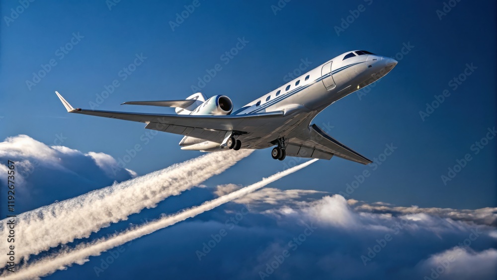 Obraz premium A sleek private jet soars through a clear blue sky, leaving behind white contrails amidst fluffy clouds.