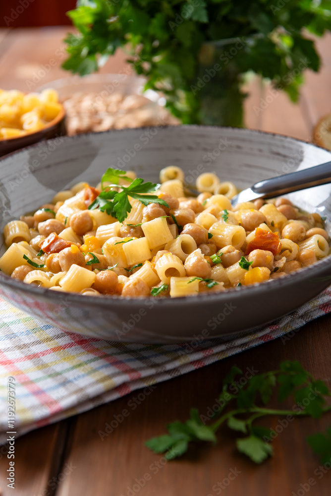 Pasta e ceci, classica ricetta di pasta italiana, cibo europeo Pasta e ceci, classica ricetta di pasta italiana, cibo europeo