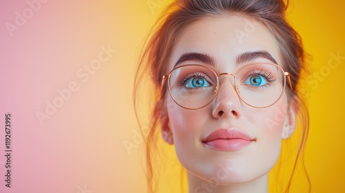 Young Woman with Glasses and Bright Blue Eyes on Colorful Background
