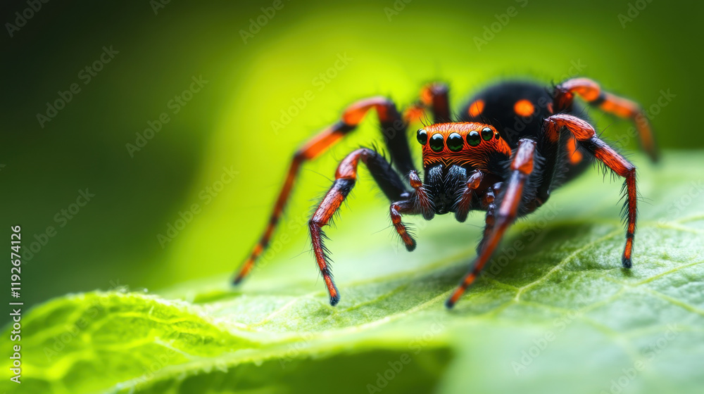 close up of vibrant spider with orange and black markings on green leaf, showcasing its intricate details and natural habitat. This captures beauty of nature close up of vibrant spider with orange and black markings on green leaf, showcasing its intricate details and natural habitat. This captures beauty of nature
