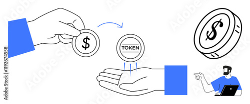 Hand holding dollar coin and placing it into hand labeled token. Person with laptop pointing. Ideal for cryptocurrency, finance, transaction, digital currency, investment, consulting, blockchain