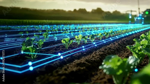 Rows of crops in a farm field connected by a blue wire mesh, Represents advancements in autonomous farming, autonomous tractors, and connected agriculture systems