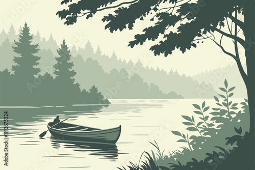 Boat in a lake scene vector illustration,
there is a man in a boat on a lake surrounded by trees, rowing boat, forest and river, landscape vector illustration
