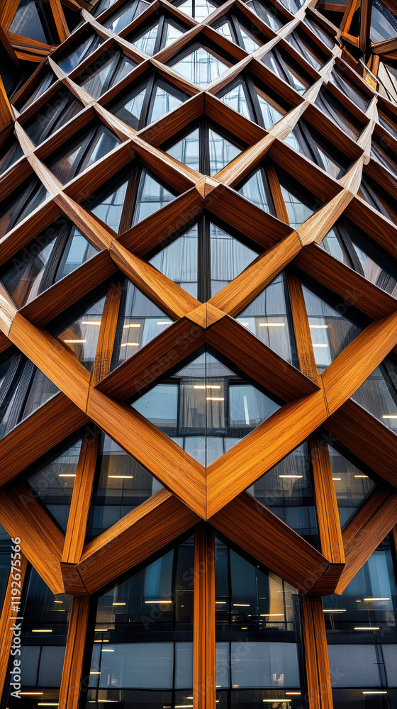 Obraz premium Geometric wooden lattice overlaying glass, creating a striking balance of natural and contemporary design.