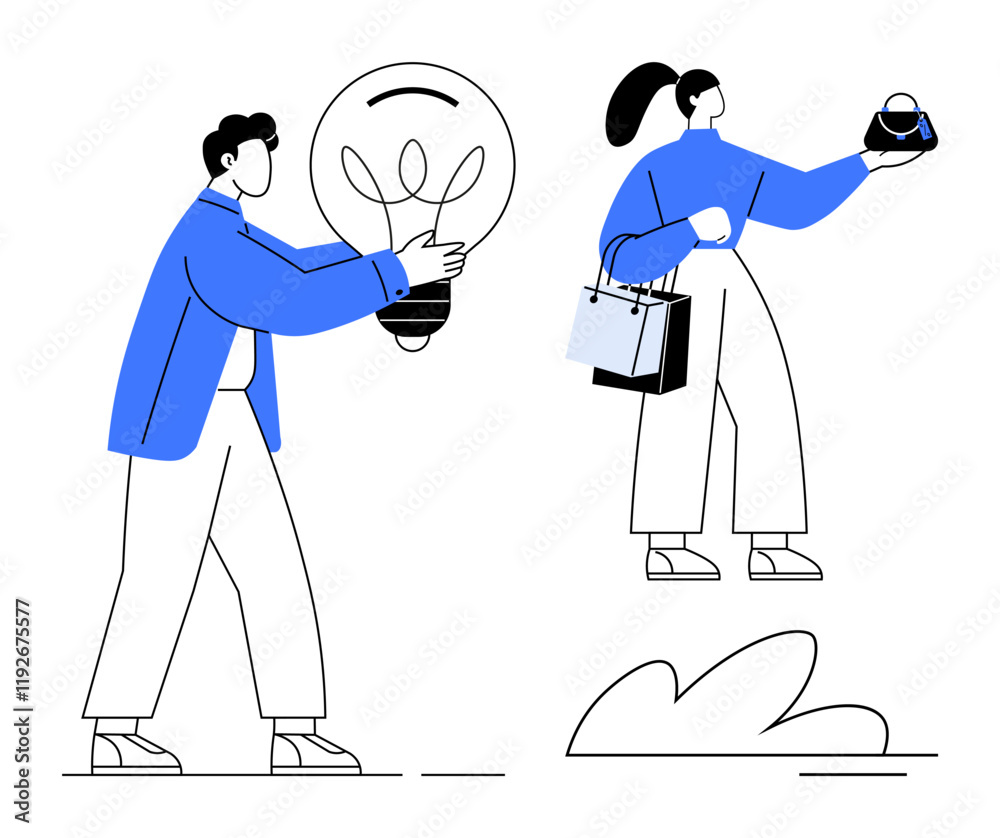 Fototapeta premium Man holding a large lightbulb and woman with shopping bags, representing innovation and consumer behavior. Ideal for creativity, innovation, e-commerce, marketing, consumer behavior, idea generation