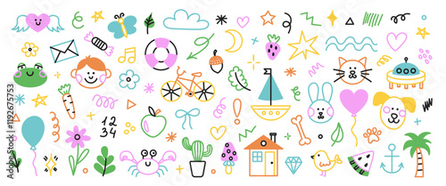 Cute hand drawn doodle set of simple kids decorative elements. Black collection of scribble, animal, flower, sun, cloud. Vector illustration