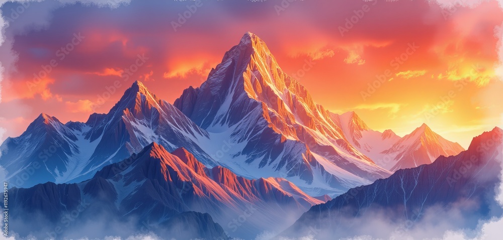 Snow-capped mountain peak at sunset with vibrant sky Snow-capped mountain peak at sunset with vibrant sky