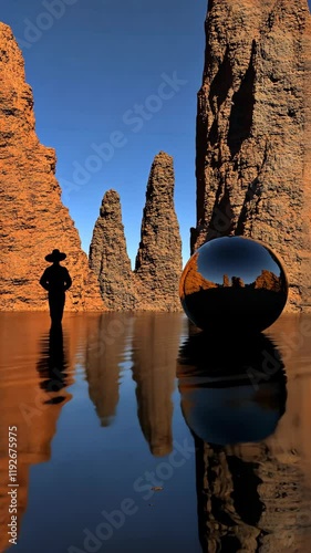 Unique landscape featuring a silhouetted figure and a reflective sphere in a striking canyon setting