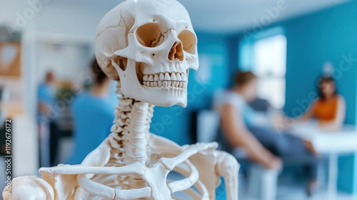 Anatomical Study: A Detailed Close-up of a Human Skeleton Model in a Blurred Medical Setting photo