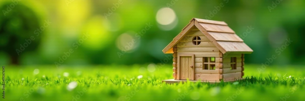 Wooden house model on lush green grass in a serene garden setting, garden decor, outdoor decor, garden scene Wooden house model on lush green grass in a serene garden setting, garden decor, outdoor decor, garden scene