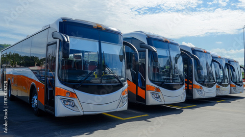 New fleet of modern buses lined up at the transportation depot under clear blue skies photo