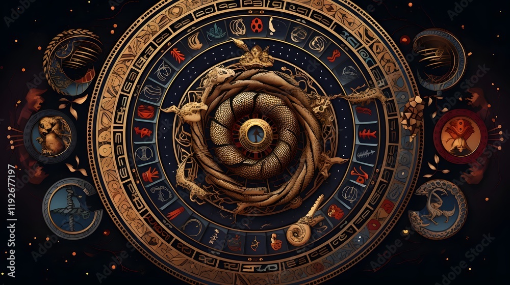 Obraz premium Zodiac Wheel Highlighting the Snake with Decorative Accents in a 16 9 Aspect Astrological and Mystical Imagery with Organic Floral and Botanical Elements