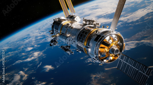 Fototapeta Naklejka Na Ścianę i Meble -  Futuristic space station orbiting Earth, illuminated by sunlight