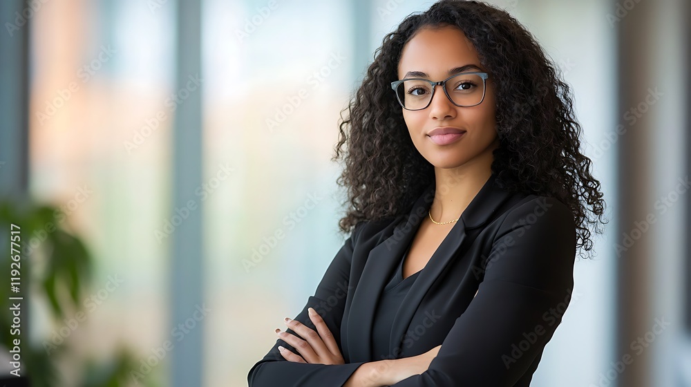 Confident young businesswoman with arms crossed, posing in modern office. Confident young businesswoman with arms crossed, posing in modern office.