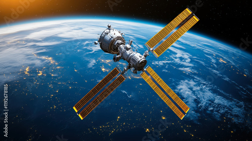 Fototapeta Naklejka Na Ścianę i Meble -  Futuristic space station orbiting Earth, illuminated by sunlight