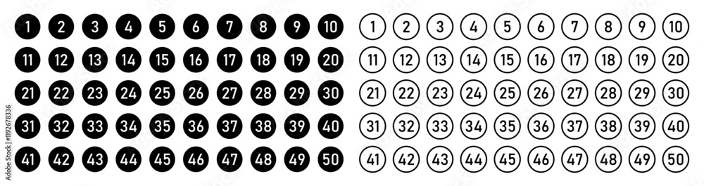Set of 1 to 50 numbers simple design isolated. Typography set of rounds 1 to 50 Numbers. Bullet point number icons collection. Numeral typographic line and flat icons set. Vector illustration.