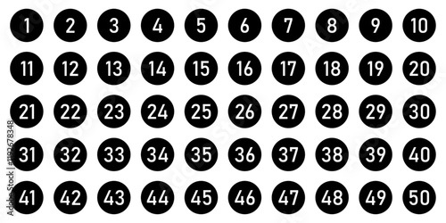 Set of 1 to 50 numbers. Typography set of rounds 1 to 50 Numbers. Numeral typographic line and flat icons set. Bullet point number icons collection. Simple design. Vector illustration. photo