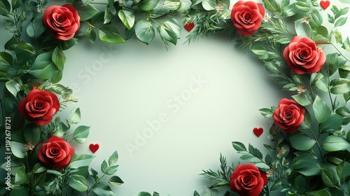 Elegant Frame of Red Roses and Green Leaves with Hearts