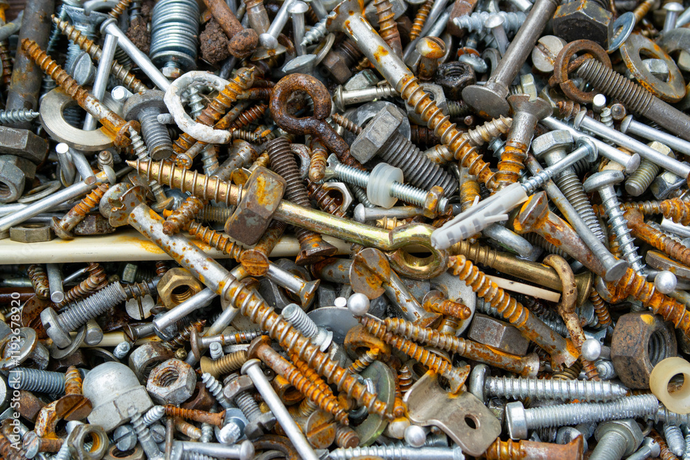 close up of old scrap iron nuts and bolts