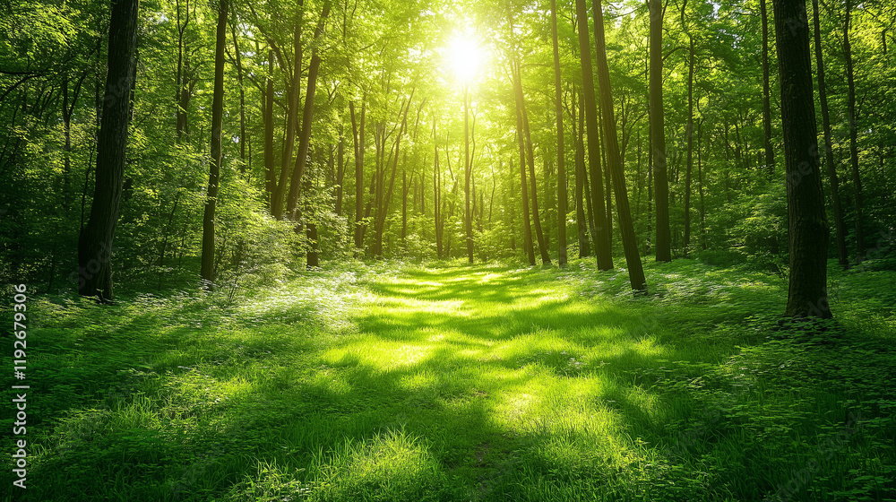 Fototapeta premium Bright forest clearing bathed in golden sunlight, surrounded by tall trees and vibrant green grass, creating a peaceful and refreshing natural scene. 