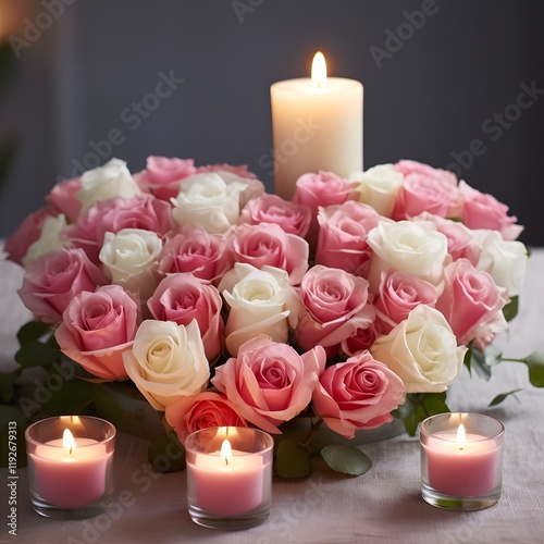 Beautifully Arranged Heart Shaped Bouquet of Delicate Pink and White Roses Surrounded by Soft Flickering Candlelight Creating a Cozy Romantic Atmosphere