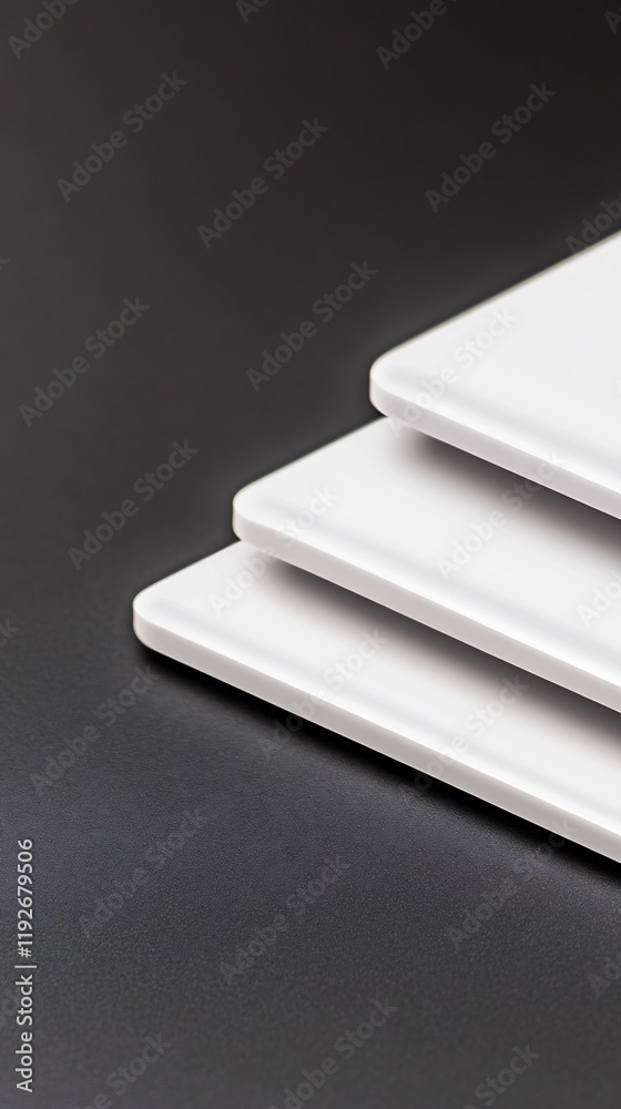 Sleek white square plates neatly stacked against dark background subtly lit. AI Generated Sleek white square plates neatly stacked against dark background subtly lit. AI Generated