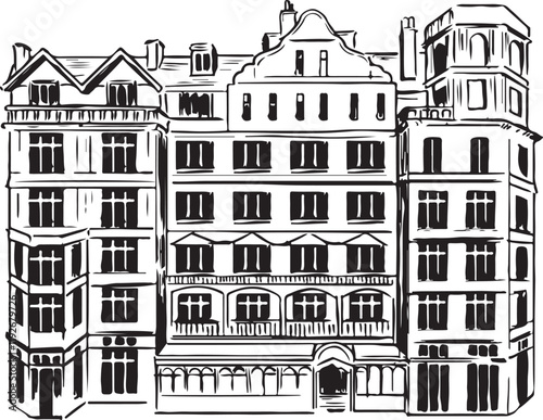 The Empire Hotel, Bath, England black and white vector drawing. English architecture destination ink sketches. European Edwardian Baroque architecture style. Tourism travelling isolated hand drawn.