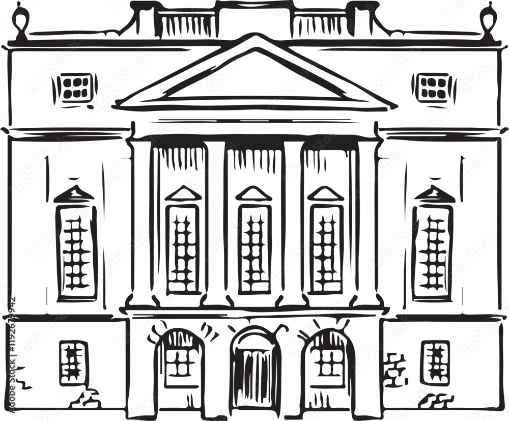 Fototapeta premium Holburne Museum, Bath, England black and white ink sketch. Elegant English Neoclassical architecture destination. European cultural and historical landmark illustration. Tourism, travel, isolated.